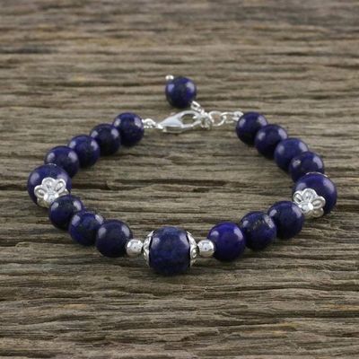 Alternate image for Thai Lapis Lazuli and Sterling Silver Beaded Bracelet Floral Deep