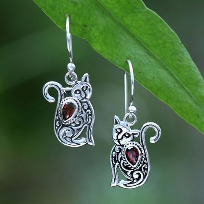 Primary image for Cat-Themed Whimsical Textured Garnet Silver Dangle Earrings Crimson Lazy Cat
