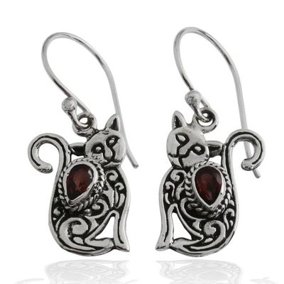 Alternate image for Cat-Themed Whimsical Textured Garnet Silver Dangle Earrings Crimson Lazy Cat