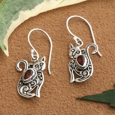 Alternate image for Cat-Themed Whimsical Textured Garnet Silver Dangle Earrings Crimson Lazy Cat