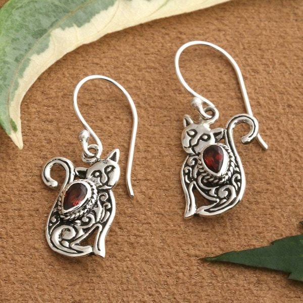 Alternate image for Cat-Themed Whimsical Textured Garnet Silver Dangle Earrings Crimson Lazy Cat