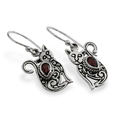 Alternate image for Cat-Themed Whimsical Textured Garnet Silver Dangle Earrings Crimson Lazy Cat