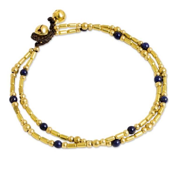 Alternate image for Double Strand Brass Bead Anklet with Lapis Lazuli Golden Bell