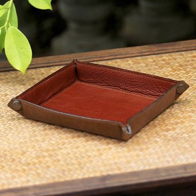 Alternate image for Handcrafted Thai Leather Catchall in Brick and Copper Classic Brown