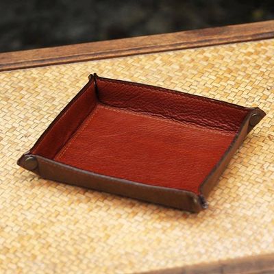 Alternate image for Handcrafted Thai Leather Catchall in Brick and Copper Classic Brown