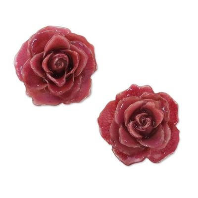 Alternate image for Natural Rose Button Earrings in Cerise from Thailand Flowering Passion in Cerise