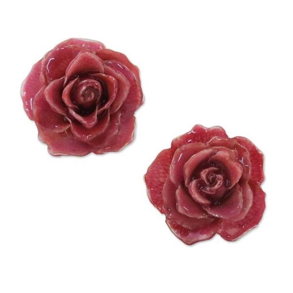 Alternate image for Natural Rose Button Earrings in Cerise from Thailand Flowering Passion in Cerise