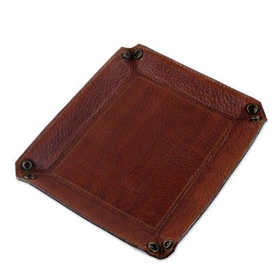 Alternate image for Handcrafted Thai Leather Catchall in Brick and Copper Classic Brown