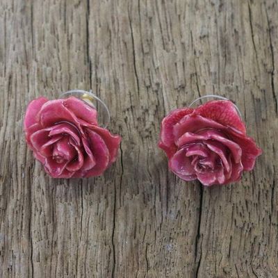 Alternate image for Natural Rose Button Earrings in Cerise from Thailand Flowering Passion in Cerise