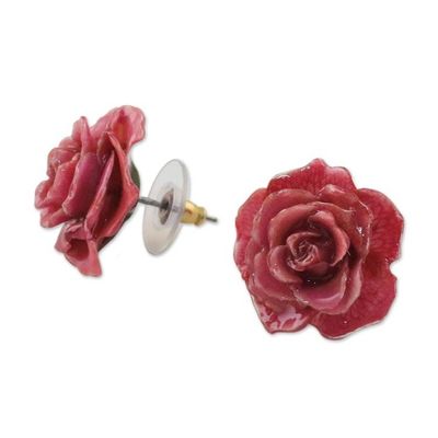 Alternate image for Natural Rose Button Earrings in Cerise from Thailand Flowering Passion in Cerise
