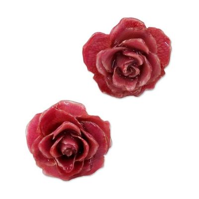 Alternate image for Natural Rose Button Earrings in Cerise from Thailand Flowering Passion in Cerise