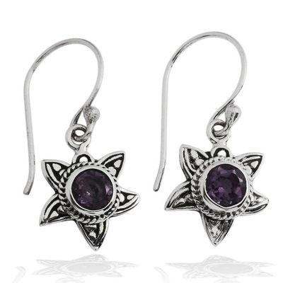 Alternate image for Amethyst Silver Dangle Earrings with Sunflower Design Violet Sunflower