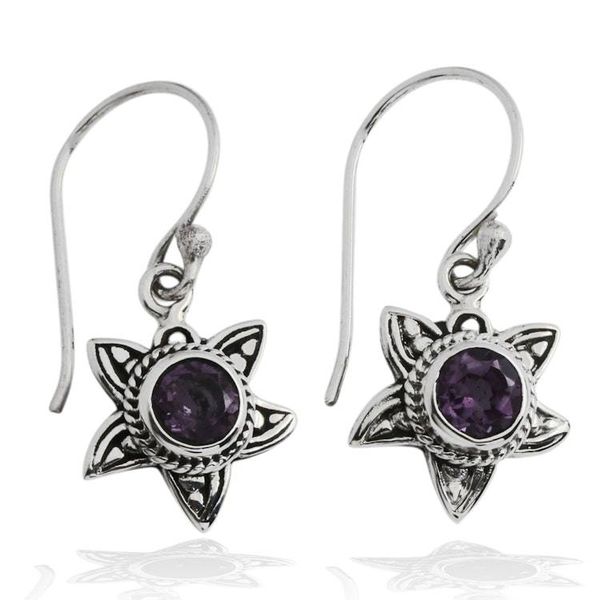 Alternate image for Amethyst Silver Dangle Earrings with Sunflower Design Violet Sunflower