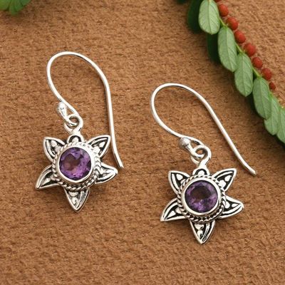 Alternate image for Amethyst Silver Dangle Earrings with Sunflower Design Violet Sunflower