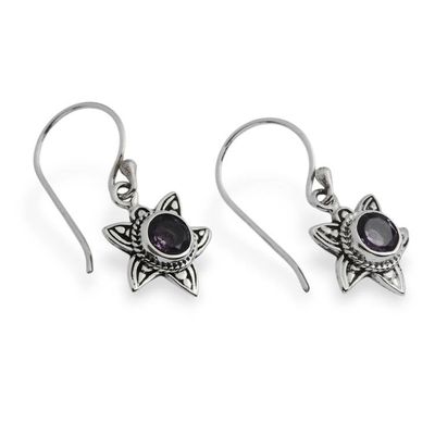 Alternate image for Amethyst Silver Dangle Earrings with Sunflower Design Violet Sunflower