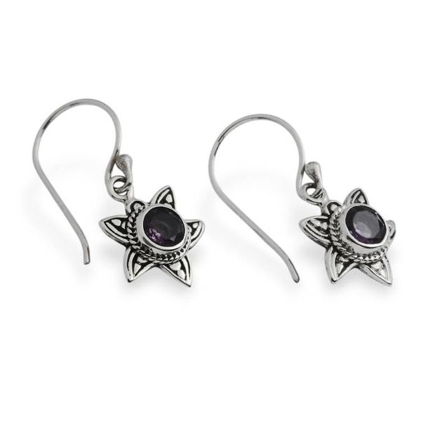 Alternate image for Amethyst Silver Dangle Earrings with Sunflower Design Violet Sunflower