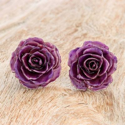 Alternate image for Natural Rose Button Earrings in Purple from Thailand Flowering Passion in Purple