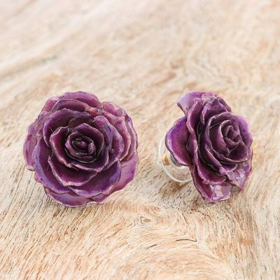 Alternate image for Natural Rose Button Earrings in Purple from Thailand Flowering Passion in Purple