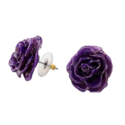 Alternate image for Natural Rose Button Earrings in Purple from Thailand Flowering Passion in Purple