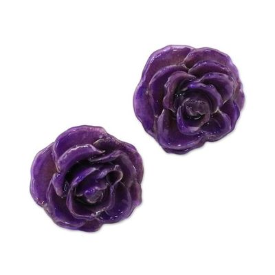 Alternate image for Natural Rose Button Earrings in Purple from Thailand Flowering Passion in Purple