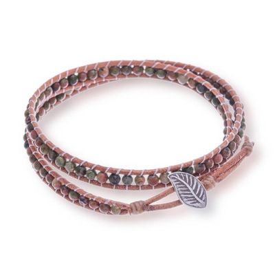 Alternate image for Natural Unakite and Leather Wrap Bracelet with Leafy Clasp Heartfelt Leaf