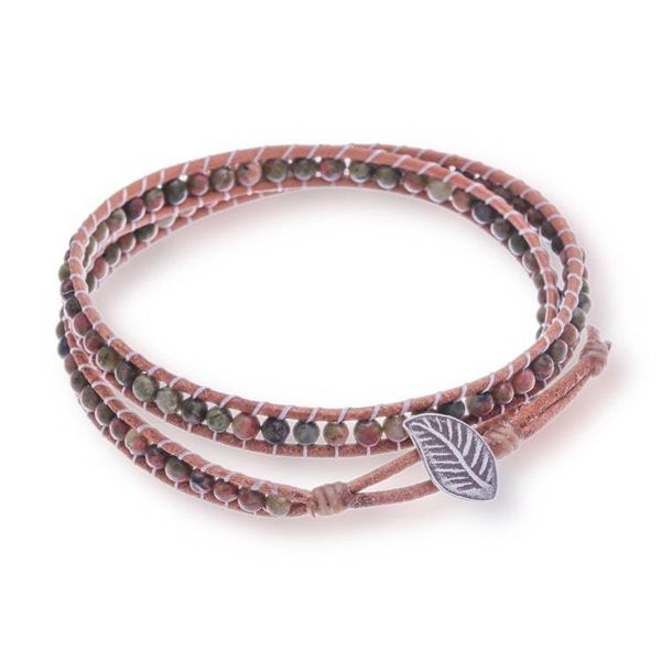 Alternate image for Natural Unakite and Leather Wrap Bracelet with Leafy Clasp Heartfelt Leaf