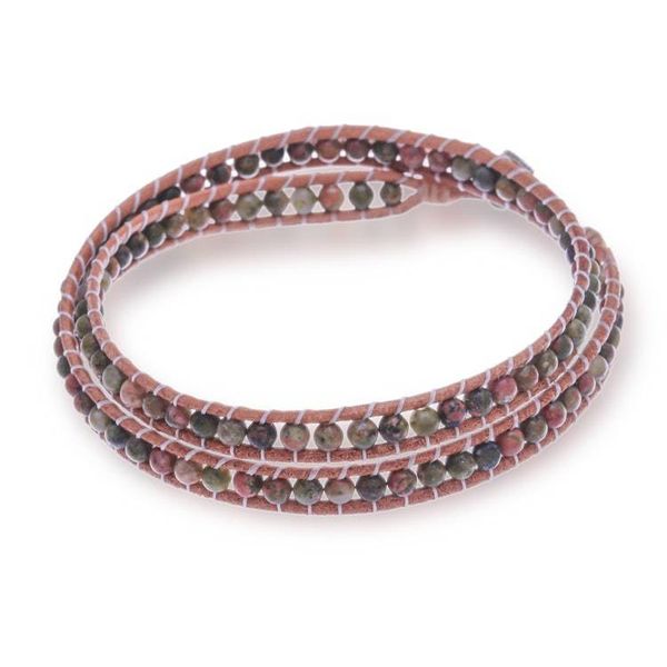 Alternate image for Natural Unakite and Leather Wrap Bracelet with Leafy Clasp Heartfelt Leaf