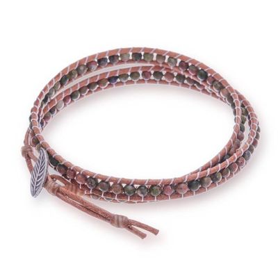 Alternate image for Natural Unakite and Leather Wrap Bracelet with Leafy Clasp Heartfelt Leaf