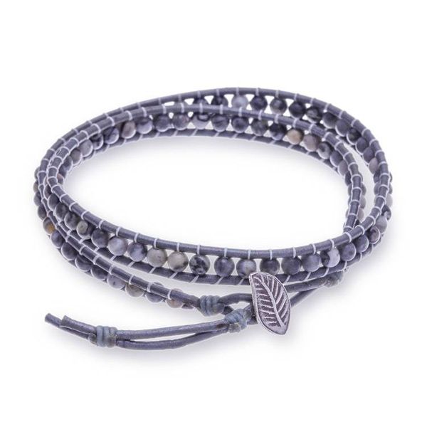 Alternate image for Twilight-Palette Chalcedony Jewel and Leather Wrap Bracelet Twilight Leaf