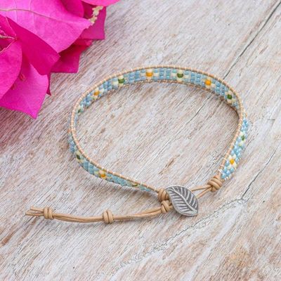 Alternate image for Leather-Accented Beaded Wristband Bracelet with Leafy Charm Aqua Embrace