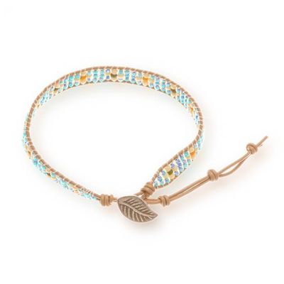 Alternate image for Leather-Accented Beaded Wristband Bracelet with Leafy Charm Aqua Embrace