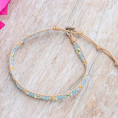 Alternate image for Leather-Accented Beaded Wristband Bracelet with Leafy Charm Aqua Embrace