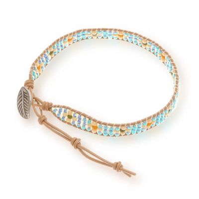 Alternate image for Leather-Accented Beaded Wristband Bracelet with Leafy Charm Aqua Embrace