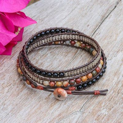 Alternate image for Artisan-Made Jasper and Onyx Wrap Bracelet with Leather Cord Eclipse Wanderer