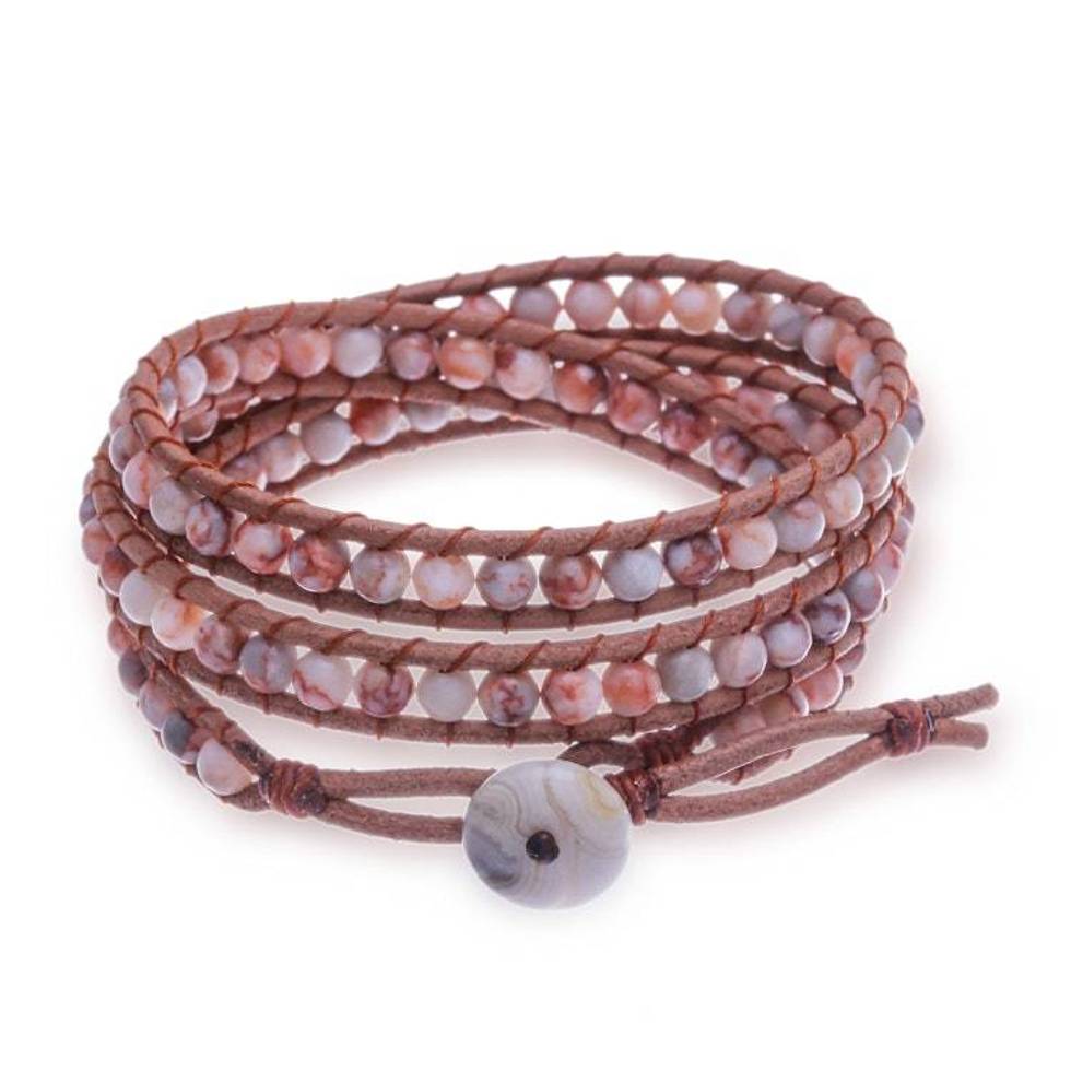 Leather-Accented Jasper Wrap Bracelet in Brown and Ivory 'Idyllic Melody'
