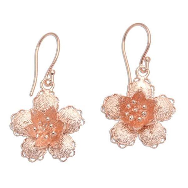 Alternate image for Hand Crafted Rose Gold Plated Flower Dangle Earrings Star Flowers