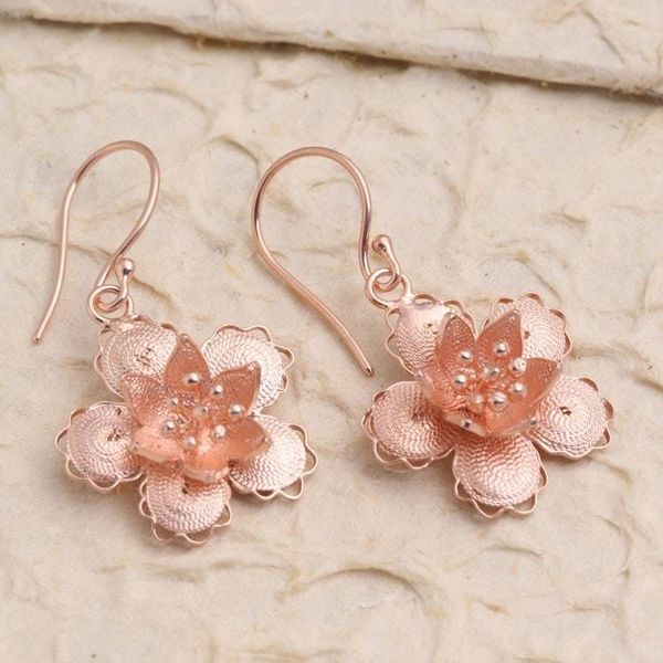 Alternate image for Hand Crafted Rose Gold Plated Flower Dangle Earrings Star Flowers