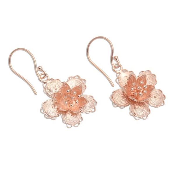 Alternate image for Hand Crafted Rose Gold Plated Flower Dangle Earrings Star Flowers