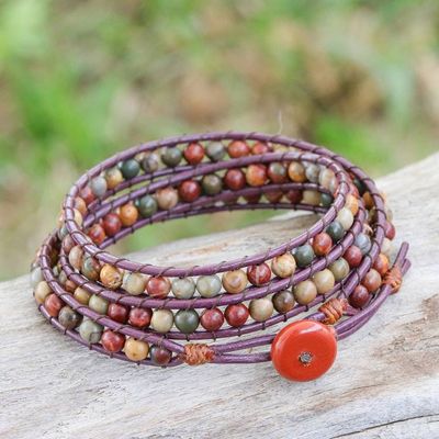 Alternate image for Jasper Wrap Bracelet with Brown Leather Cord from Thailand Brown Melody