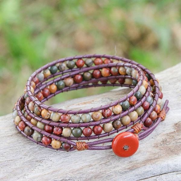 Alternate image for Jasper Wrap Bracelet with Brown Leather Cord from Thailand Brown Melody