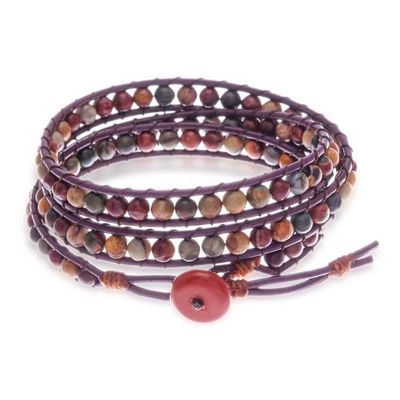 Alternate image for Jasper Wrap Bracelet with Brown Leather Cord from Thailand Brown Melody