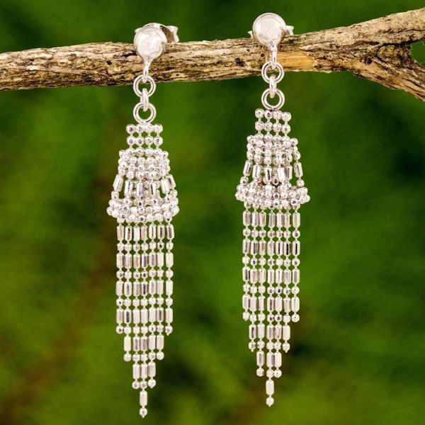 Alternate image for Ball Chain Sterling Silver Waterfall Earrings Thailand Raining Bells