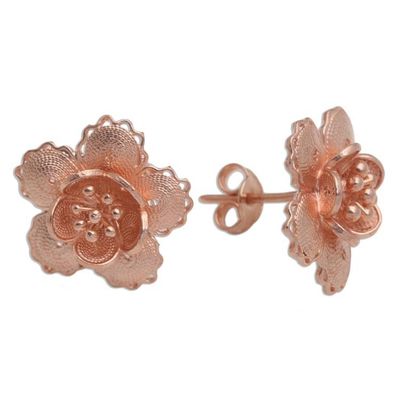 Alternate image for Hand Crafted Rose Gold Plated Flower Button Earrings Charming Flowers