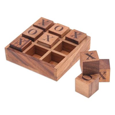 Alternate image for Handcrafted Geometric 9-Piece Raintree Wood Tic-Tac-Toe Game Cube Strategy