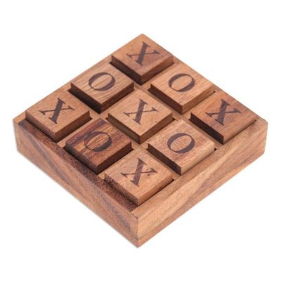 Alternate image for Handcrafted Geometric 9-Piece Raintree Wood Tic-Tac-Toe Game Cube Strategy