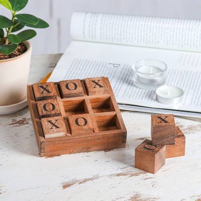 Alternate image for Handcrafted Geometric 9-Piece Raintree Wood Tic-Tac-Toe Game Cube Strategy