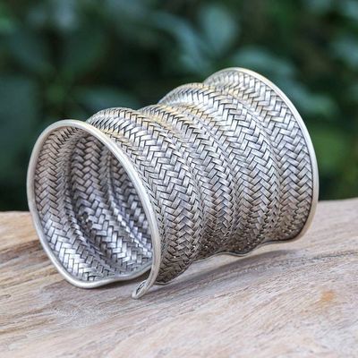 Alternate image for Sterling Silver Long Cuff Bracelet with Basketweave Pattern Manor Memories