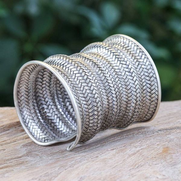 Alternate image for Sterling Silver Long Cuff Bracelet with Basketweave Pattern Manor Memories