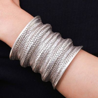 Alternate image for Sterling Silver Long Cuff Bracelet with Basketweave Pattern Manor Memories