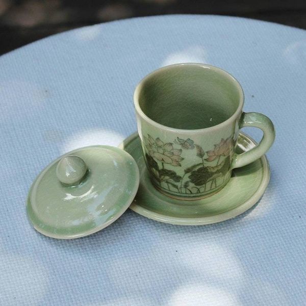 Alternate image for Celadon Glazed Ceramic Floral Cup and Saucer from Thailand Lanna Luxury